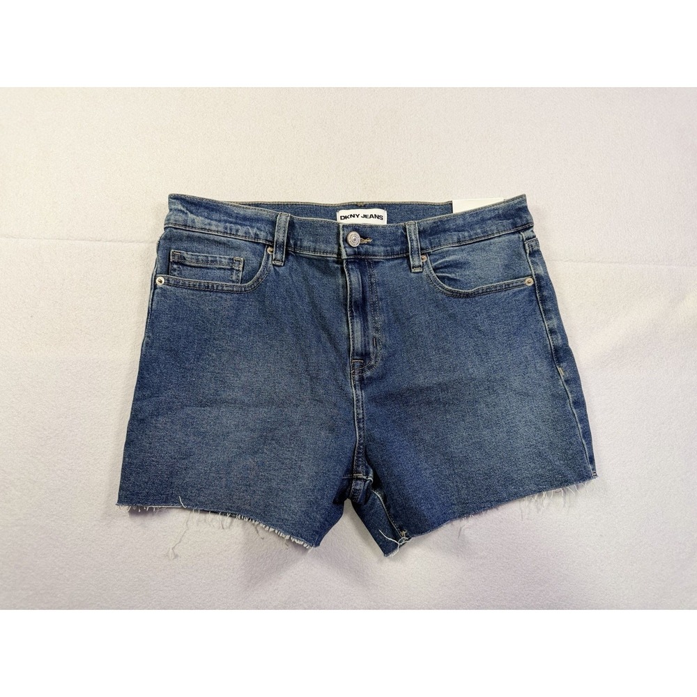 DKNY Blue Medium Wash Mid Rise Raw Hem Denim Shorts Woman 30 NWT Festival - Picture 1 of 8